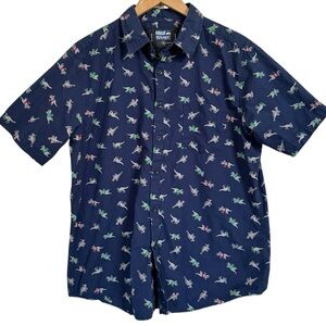 Monument Mens XL Navy Blue Red Green Dinosaur Short Sleeve Cotton Shirt